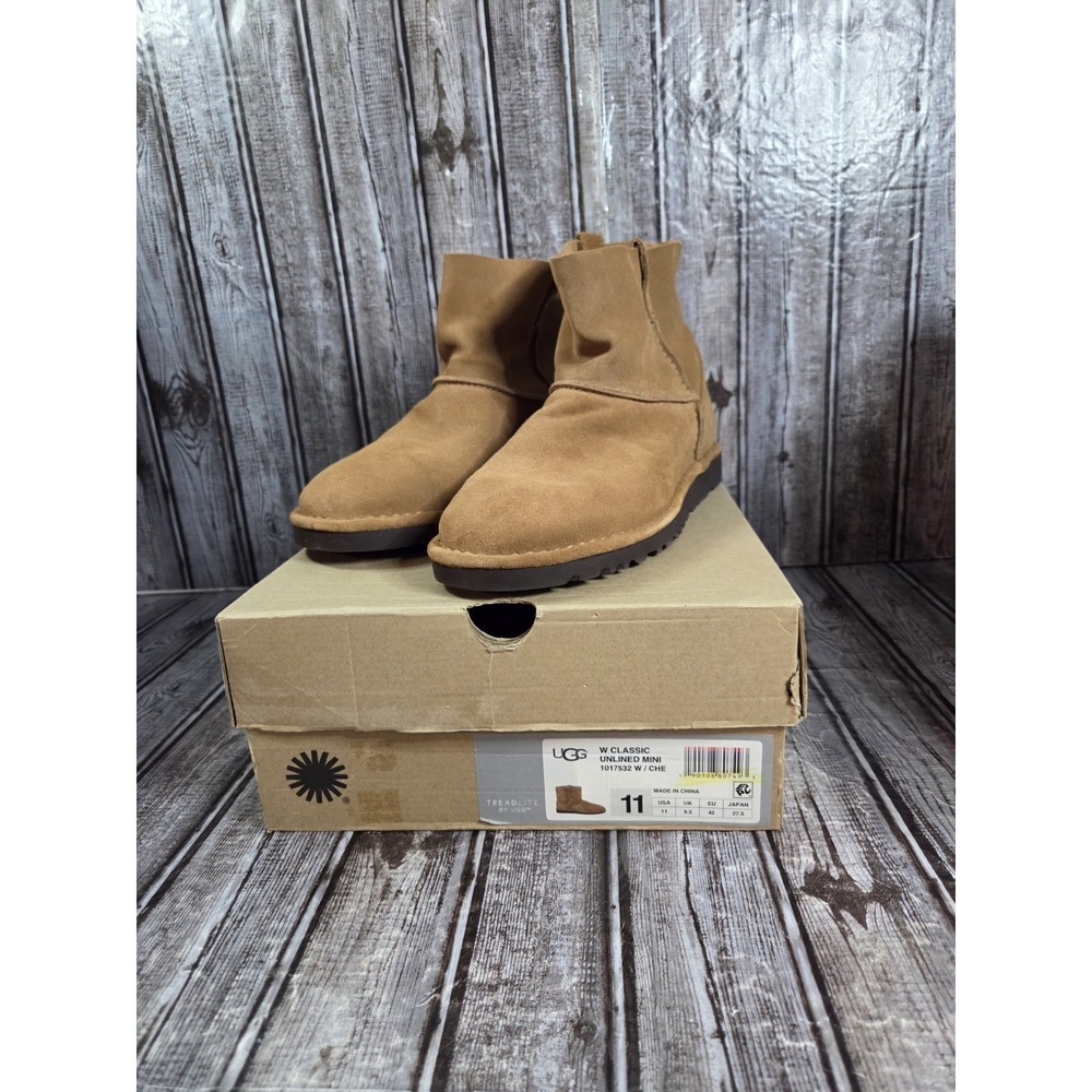 UGG Women's Classic Unlined Mini Chestnut Brown Leather Ankle Boots Size 11